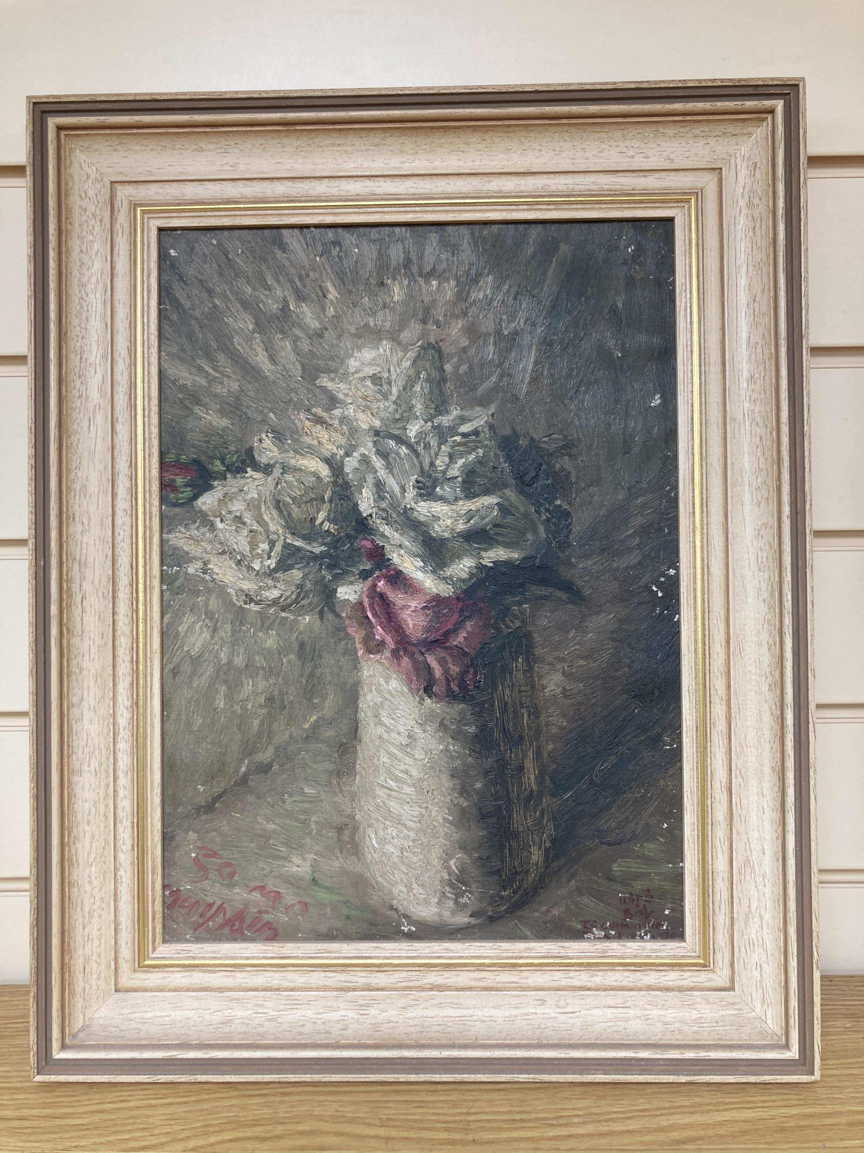 Murain Mupta. Oil on canvas, still life of flowers in vase, inscribed verso and dated 1939, 38 x 28cm.